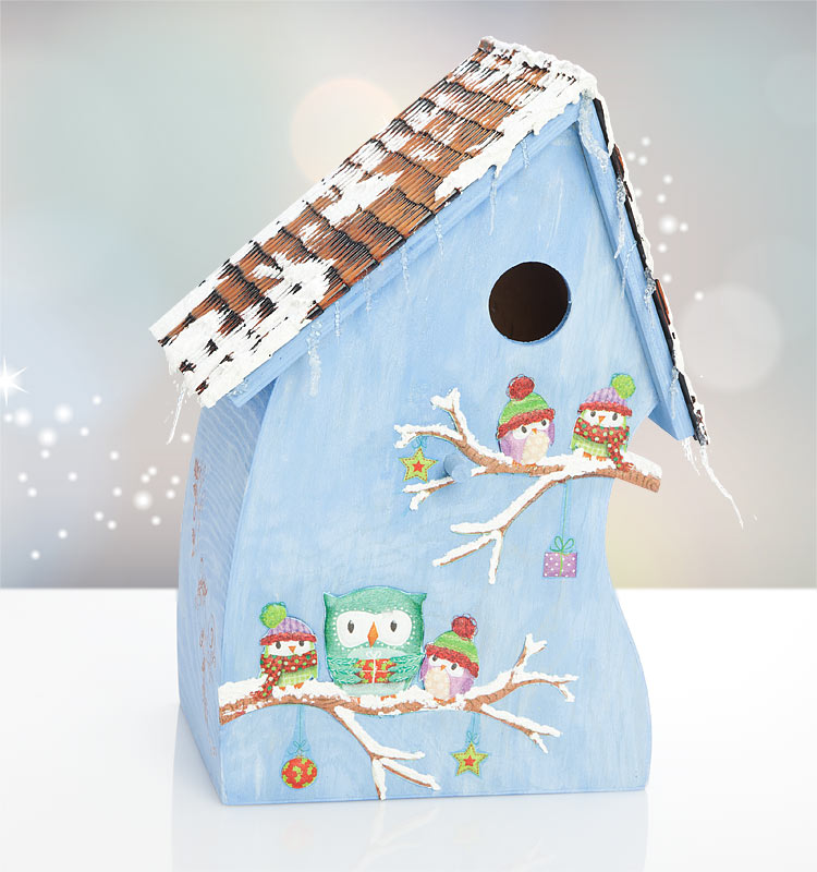Winterliches Vogelhaus mit Eulen in 3D-Optik
